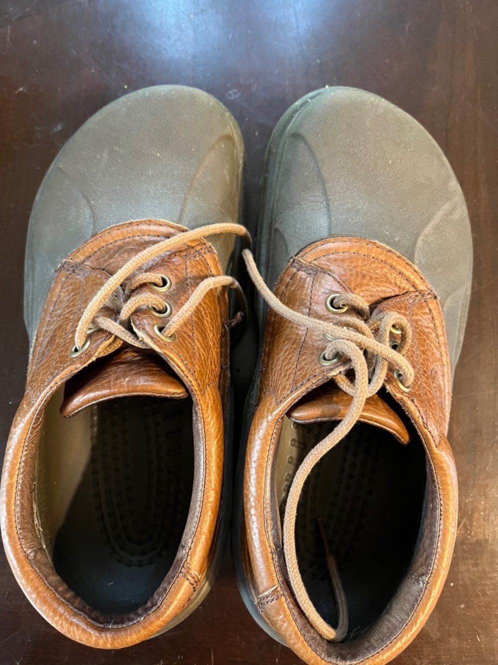 CROCS Men's Brown Leather and Olive Two-Tone Boat Shoes